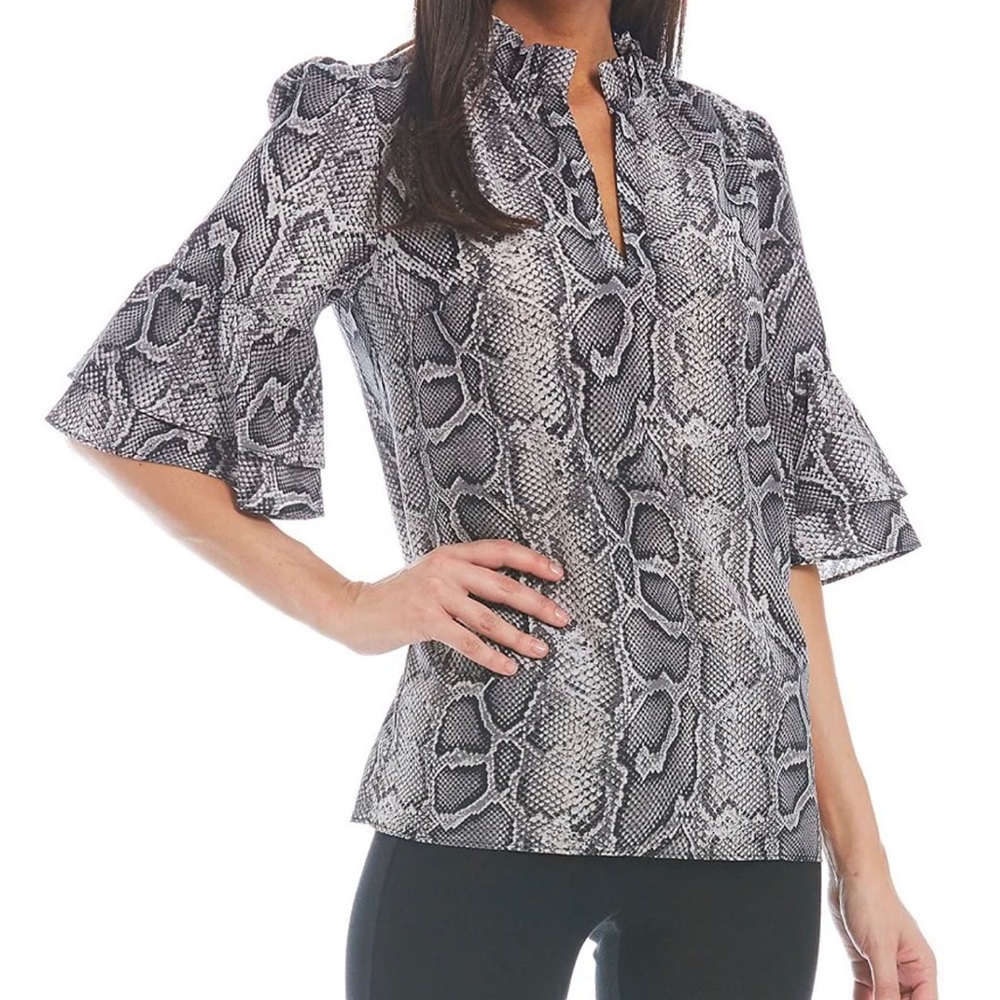 Snakeskin Print Tiered Ruffle Trim Mock V-Neck Short Elbow Ruffle Cuff Sleeve